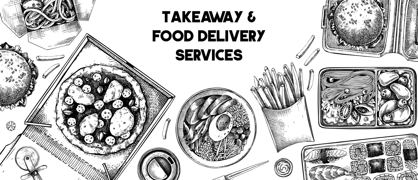 Takeaway and food delivery banner. Hand drawn vector illustration. Vintage style. Takeout food in paper box, fast food menu design. Pizza, burger, coffee, noodles, poke, sushi sketch Illustration